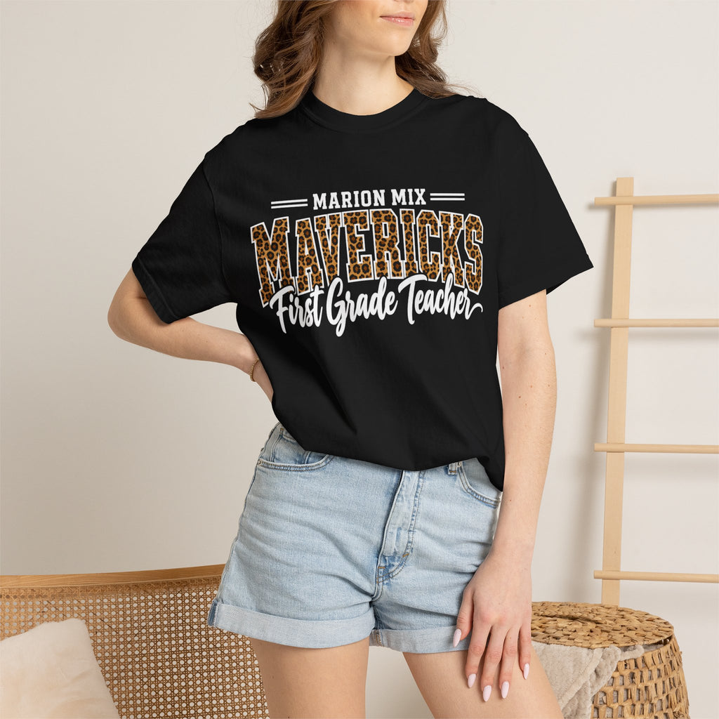 Marion Mix Mavericks First Grade Teacher Leopard Premium Comfort Colors Tee