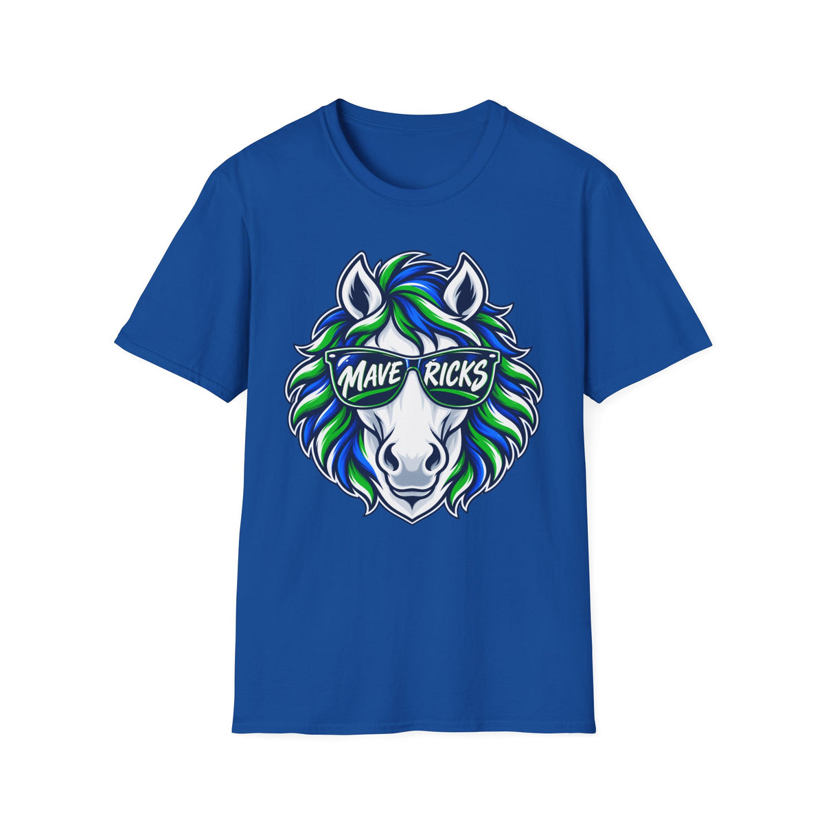 Mavericks Horse Graphic T-Shirt — Neon Blue & Green Mane- Adult Tee