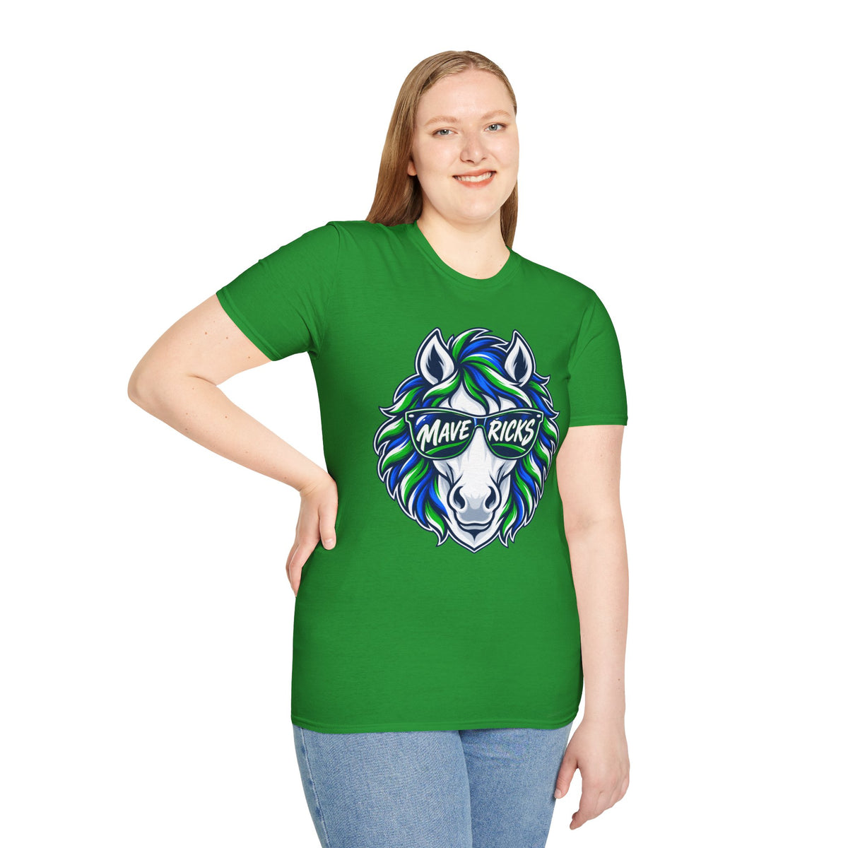 Mavericks Horse Graphic T-Shirt — Neon Blue & Green Mane- Adult Tee