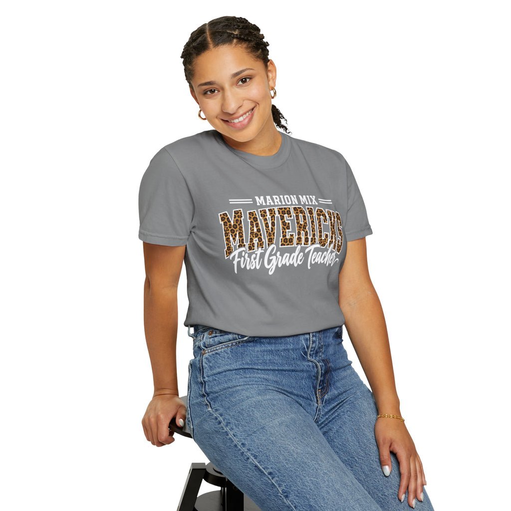Marion Mix Mavericks First Grade Teacher Leopard Premium Comfort Colors Tee