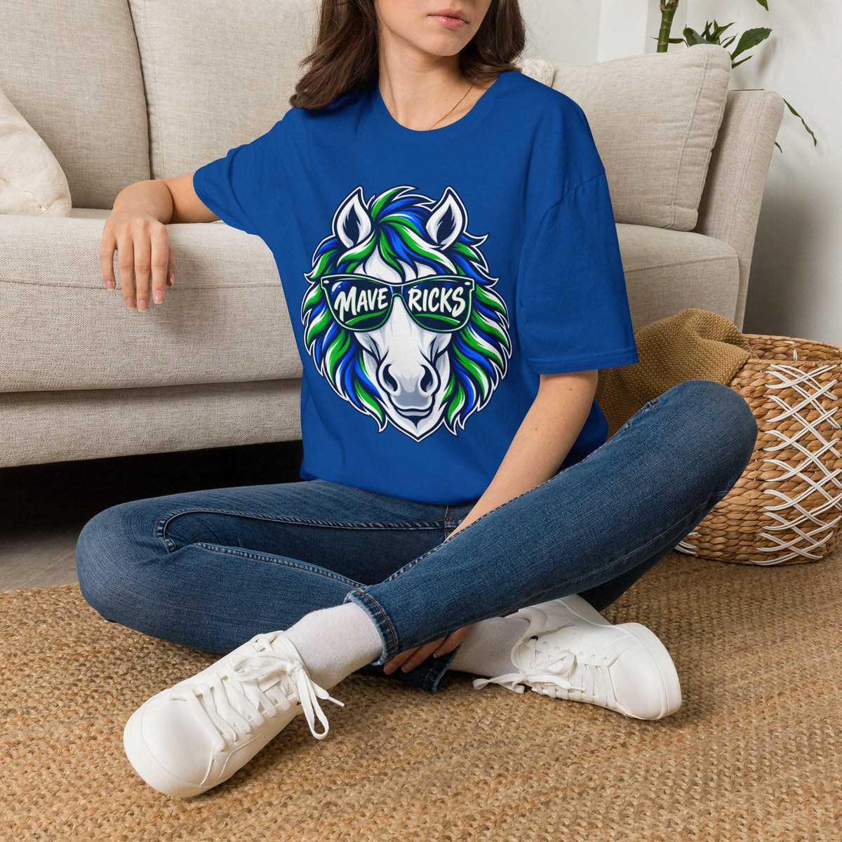 Mavericks Horse Graphic T-Shirt — Neon Blue & Green Mane- Adult Tee