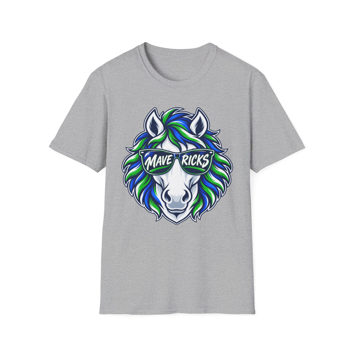 Mavericks Horse Graphic T-Shirt — Neon Blue & Green Mane- Adult Tee