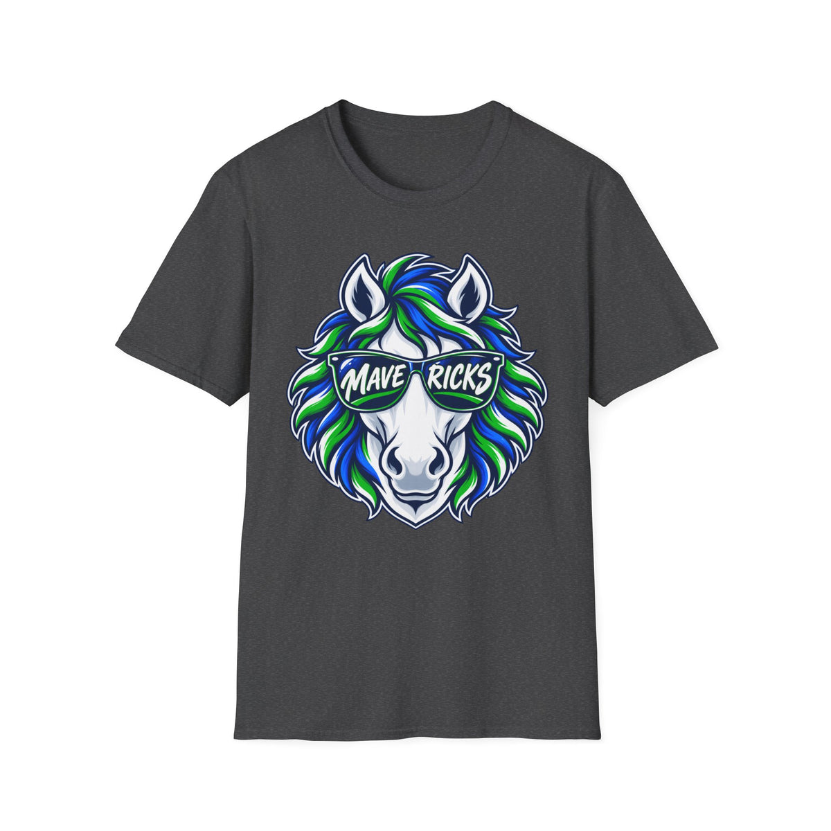 Mavericks Horse Graphic T-Shirt — Neon Blue & Green Mane- Adult Tee
