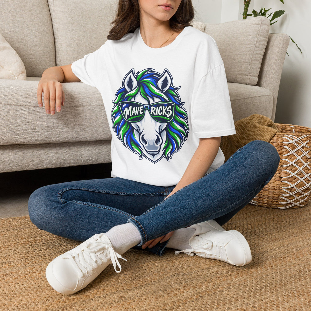 Mavericks Horse Graphic T-Shirt — Neon Blue & Green Mane- Adult Tee