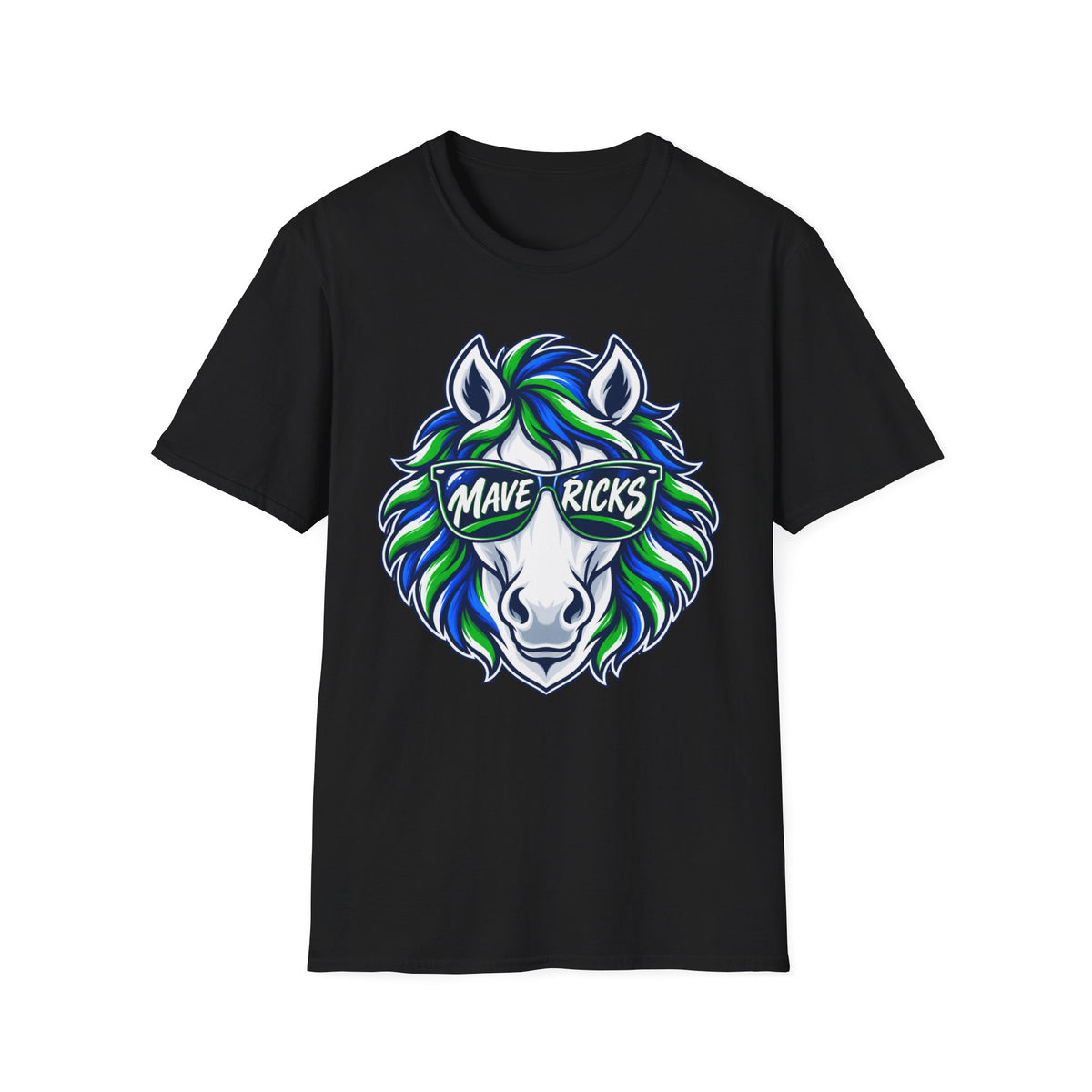 Mavericks Horse Graphic T-Shirt — Neon Blue & Green Mane- Adult Tee